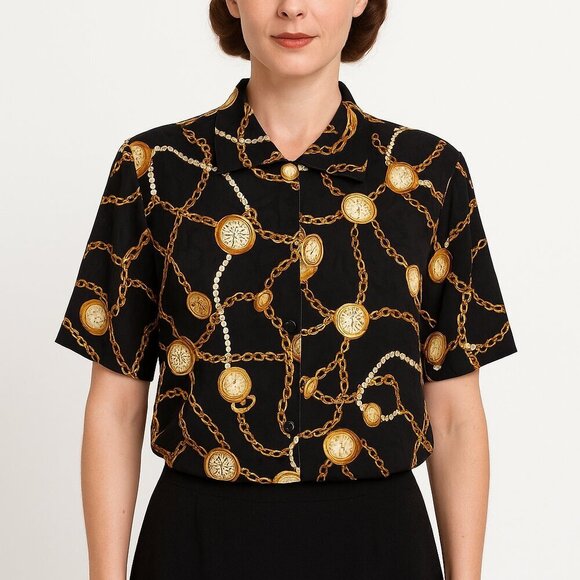 Vintage MAGGY LONDON Silk Blouse Gold Chain Pocket Watch Print - Picture 11 of 11